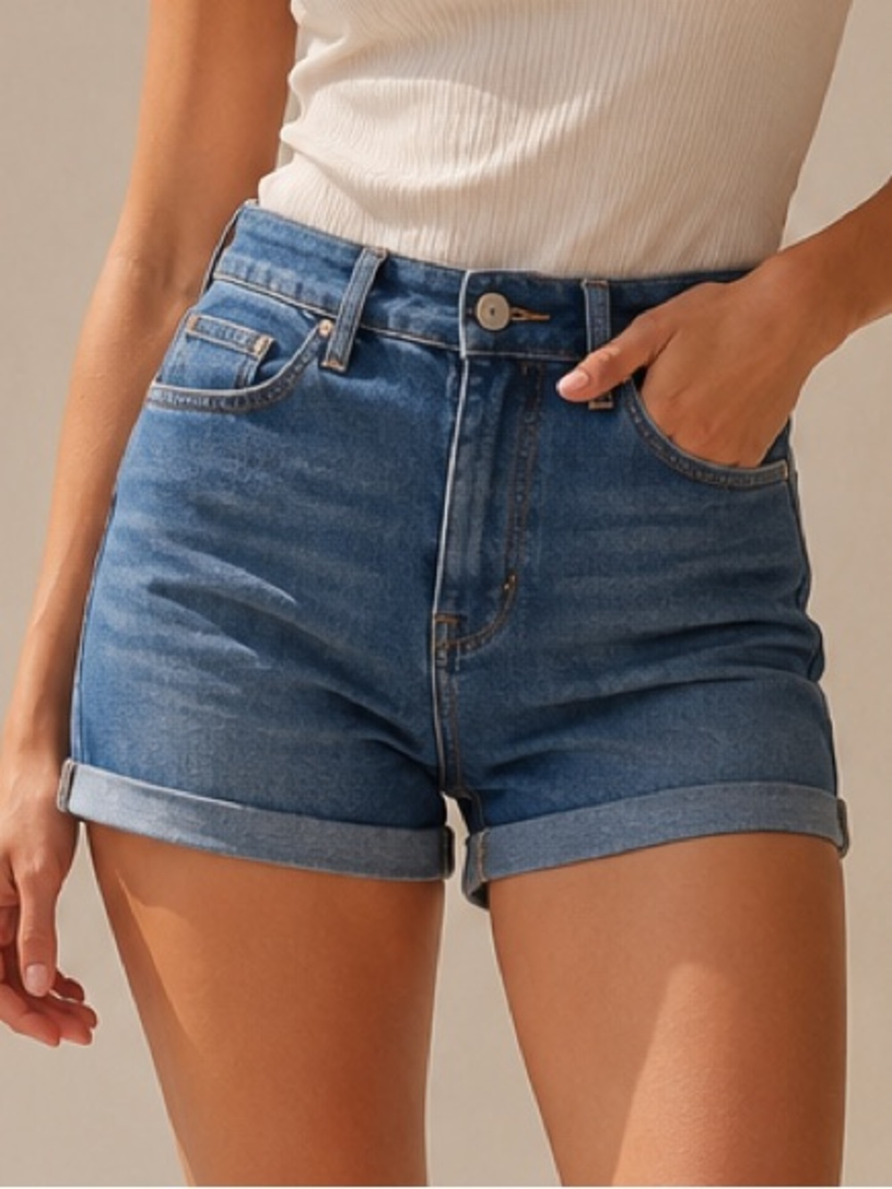 High-Rise Rolled Hem Denim Shorts - Blue